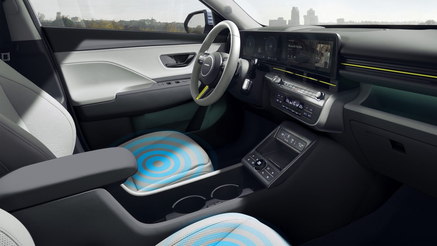 Intérieur avant chauffant du Kona 2025 électrique.