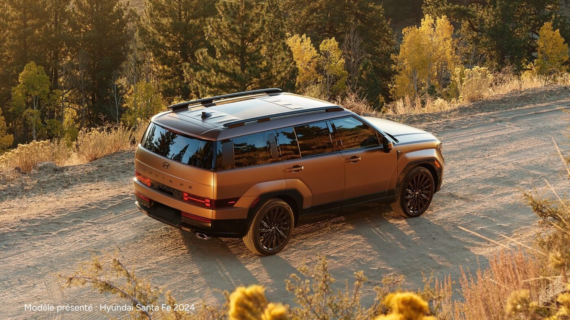 Vue en contre bas du Hyundai Santa Fe 2024sur un chemin de gravel.